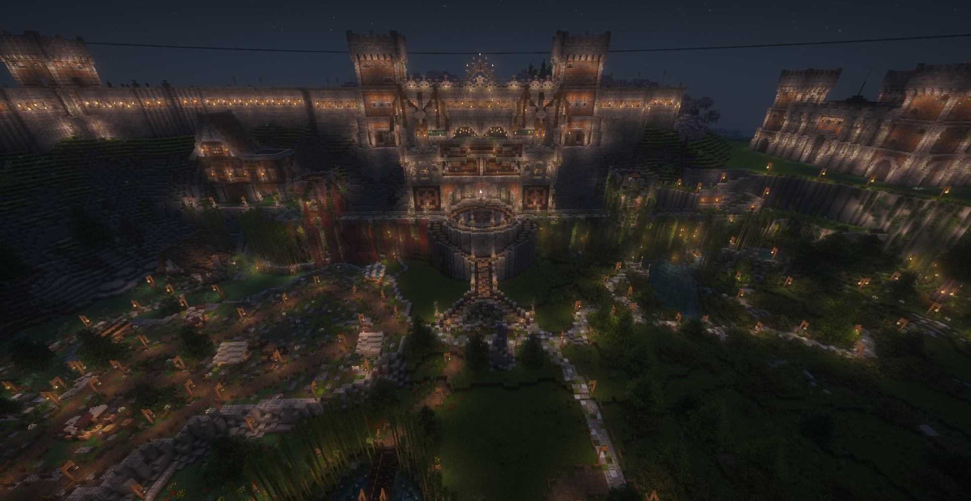 Dragonspire illuminated at night in ForgeFall RPG