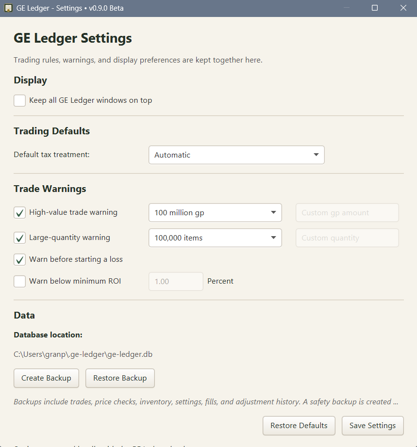 GE Ledger Settings interface